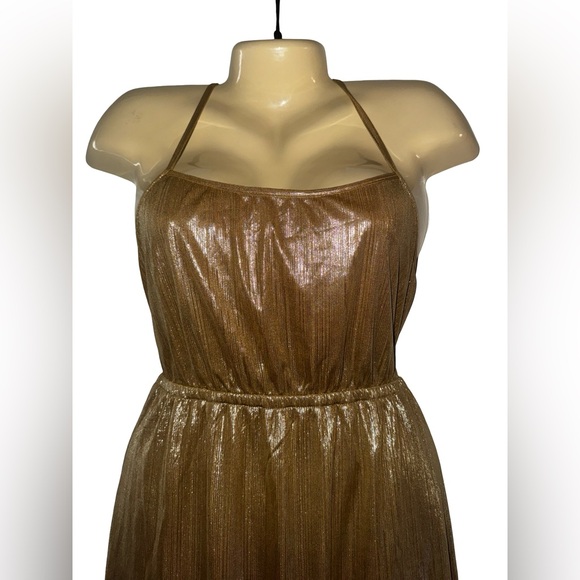 Metallic Gold Halter Dress - Sleeveless Evening Dress - Picture 2 of 3